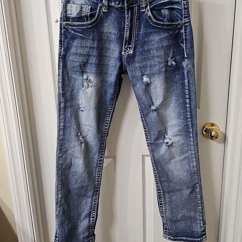 True Luck Men's Distressed Relaxed Straight Denim Jeans 30/30